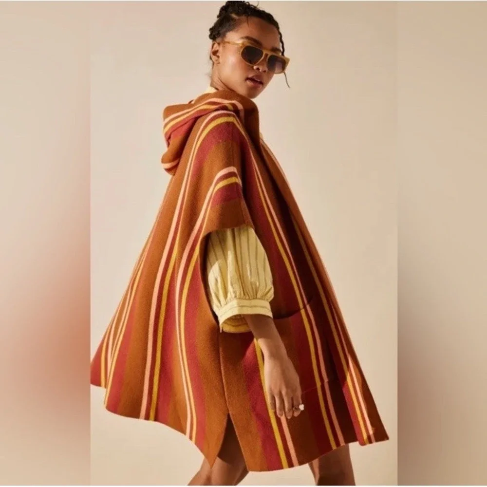 Free People All I Need Striped Hooded Poncho‎ Cardigan Sweater O/S Amber Boho